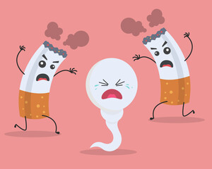 sperm running out of smoking cartoon. unhealthy sperm and egg concept. vector illustration - obrazy, fototapety, plakaty