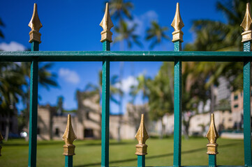 Teal Wrought Iron Fence with Gold Spear Points and a Blurred Background.