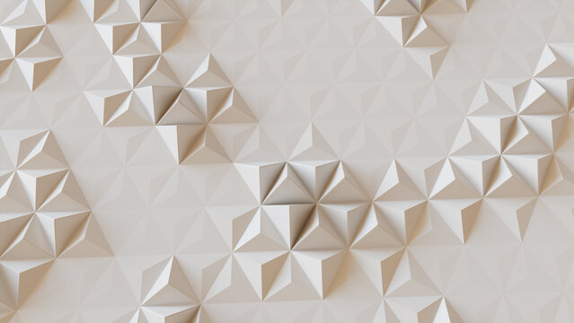 White Polygonal Surface with Triangular Pyramids. High Tech, Light 3d Wallpaper.