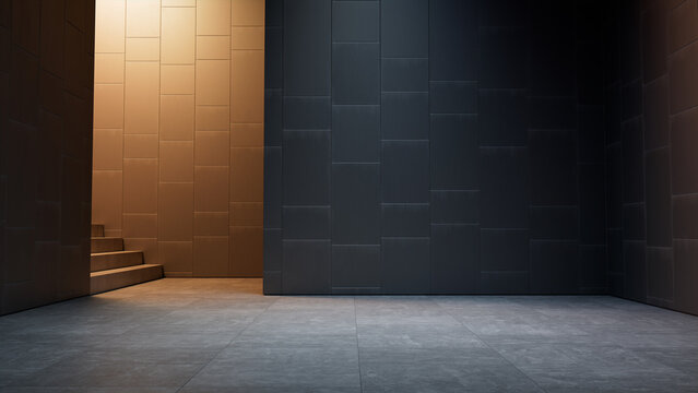 Modern Industrial Interior with Black Cladding Walls and Tiled Concrete Floor. Empty Art Gallery, Architectural 3D Render.
