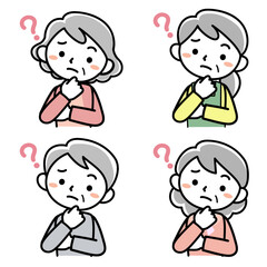 首をかしげるシニア女性の上半身セット
