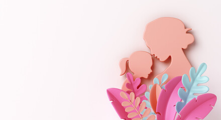 Happy Mother`s Day decoration background with silhouette and leaves, copy space text, 3D rendering illustration