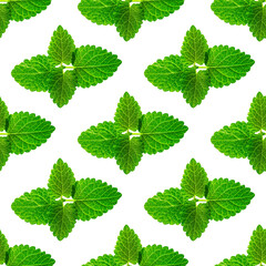 Seamless pattern of fresh mint leaves on white background for packaging design. peppermint abstract background.