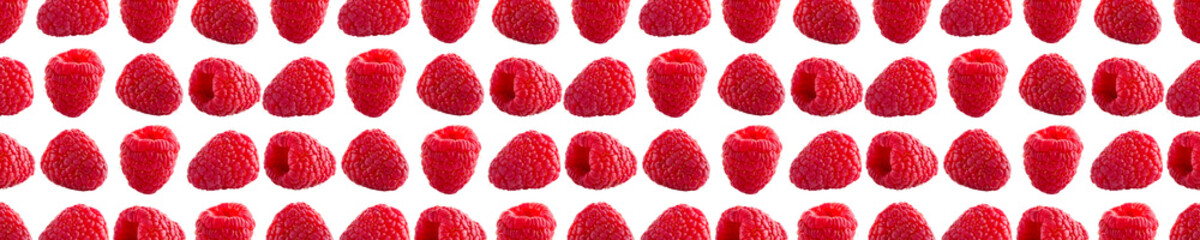 Raspberries abstract background. Fruit pattern of colorful wild berries isolated on white background. Raspberries, blackberry and brumble. Top view. Flat lay banner
