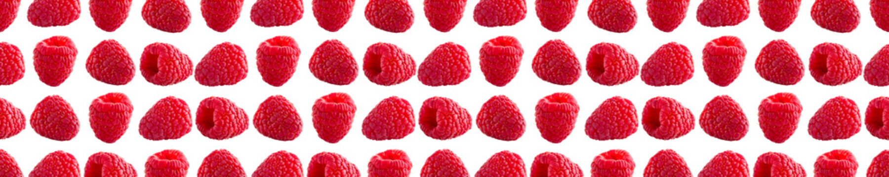 Raspberries abstract background. Fruit pattern of colorful wild berries isolated on white background. Raspberries, blackberry and brumble. Top view. Flat lay banner