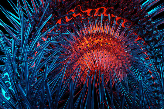 3D rendering abstract   metal  round fractal, portal with spikes under neon  lights.  round spiral on dark  isolated background