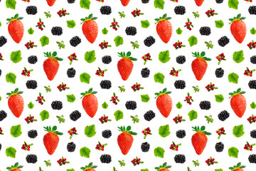 Falling berries isolated on white background, different flying forest berries. Strawberry, cranberry, bramble