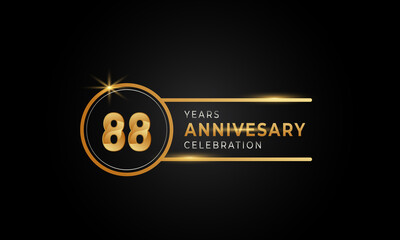 88 Year Anniversary Celebration Golden and Silver Color with Circle Ring for Celebration Event, Wedding, Greeting card, and Invitation Isolated on Black Background