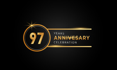 97 Year Anniversary Celebration Golden and Silver Color with Circle Ring for Celebration Event, Wedding, Greeting card, and Invitation Isolated on Black Background