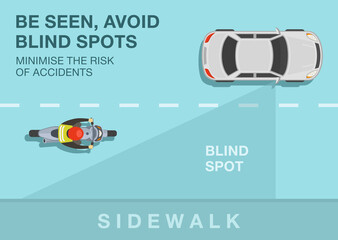 Safety motorcycle driving rules and tips. Bee seen, avoid blind spots to minimise the risk of accidents. Top view of a bike rider on road. Flat vector illustration template.