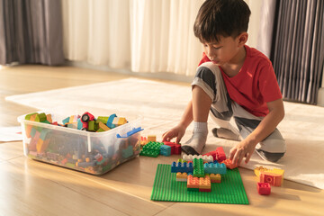 Asian boy about 5 years old playing with toy blocks at home