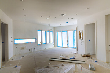 Interior construction of housing project with drywall installed door for a new home