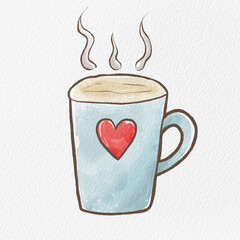 Coffee Cup with heart on white watercolor paper texture. Illustration digital paint.
