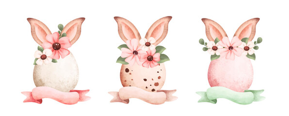 Watercolor illustration set of Easter Egg with flower wreath and Bunny Ear 