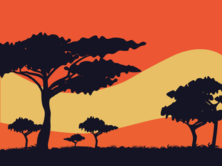 Fototapeta na wymiar Silhouettes of Landscape in the evening. Trees and bushes vector