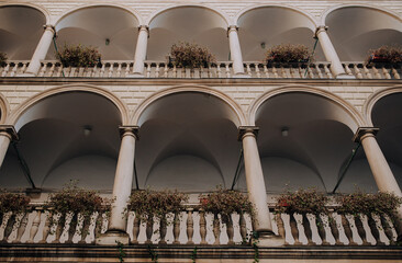 Old Renaissance three-story arcade, roses and other flowers in hanging pots on the balconies. Ancient architecture of Lviv, Ukraine. View of the patio from below. © shchus
