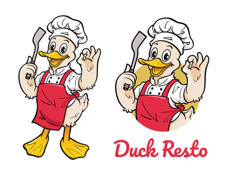 Cute duck cartoon character wearing chef uniform.