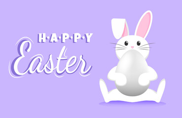 The Easter Bunny sits with a white 3D egg in its paws. Happy Easter lettering. Banner or greeting card in purple.