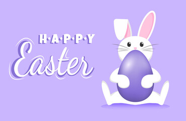 An Easter Bunny sits with a purple 3D egg in its paws. Happy Easter lettering. Banner or greeting card in purple.