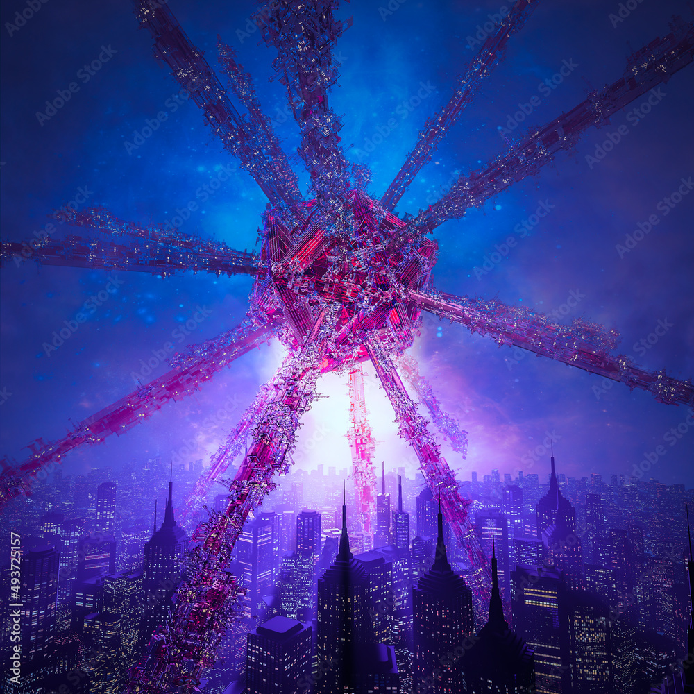Poster invasion node - 3d illustration of science fiction scene with giant alien spaceship hovering in the 