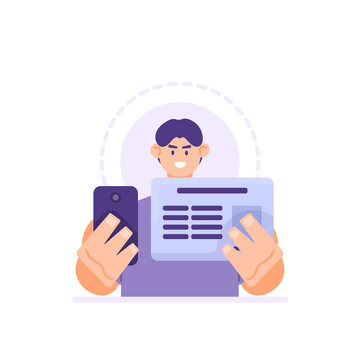 man taking a picture or selfie. take a photo of his own face and show an identity card. self verification or information. flat cartoon style. vector design illustration. landing page, ui, elements