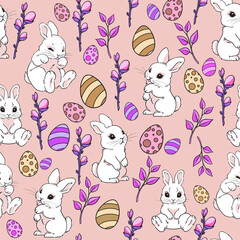 seamless spring pattern, easter bunny and easter colored eggs, willow branch, spring willow, cute little hares, hand-drawn colorful delicate shades, pattern on pink background for fabric printing