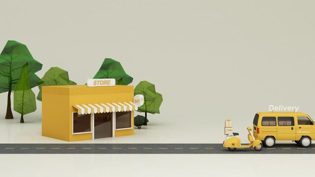 E-commerce concept, Delivery service from front store to home, Transportation delivery by Vans, truck and motorbike scooter and product packages, gift boxes, tree low polygon yellow tone 3d rendering
