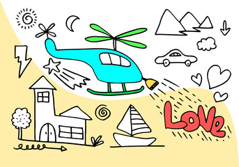 Hand drawn love illustration with helicopter emitting love text light. Hand drawn design elements. Can be used as a greeting card for Valentine's Day or a wedding, as a print on a t-shirt. vector illu