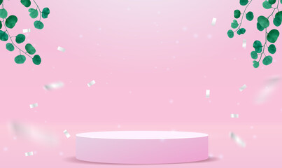 3D Podium in Pink Background with ribbon. Pink product background stand or podium pedestal on empty display with pastel backdrops. Show background. Realistic presentation mockup. Vector illustration.