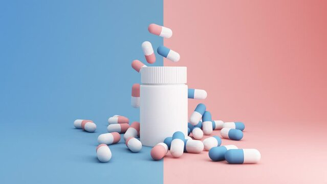 Blue and pink capsules pill spilled out from white plastic bottle container. Global healthcare concept. Antibiotics drug resistance. Antimicrobial capsule Pharmaceutical industry. Pharmacy. 3d render