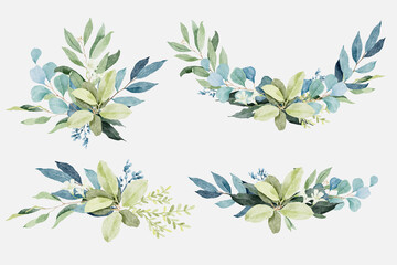 Fototapeta premium Set of Green Leaves Bouquets in Watercolor Style