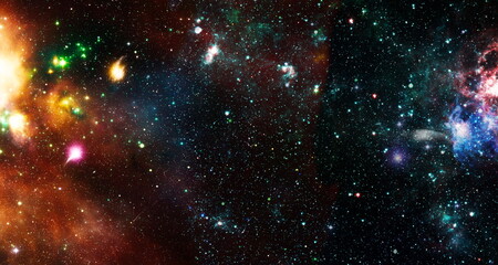 Space background with stardust and shining stars. Realistic colorful cosmos with nebula and milky...