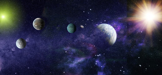 Spiral galaxy in deep space. Stars of a planet and galaxy in a free space. Colored nebula and open cluster of stars in the universe. Elements of this image furnished by NASA. © Maximusdn