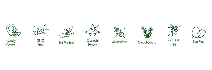 food quality line icon set locally grown, GMO free, bio product, clinically proven, gluten-free, carbohydrate, palm oil free, egg free