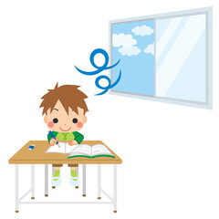 窓を開けて換気をしている教室で授業を受ける可愛い小学生の男の子のイラスト　白背景　クリップアート
