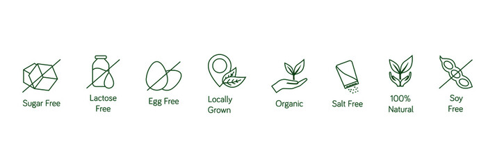 food quality line icon set sugar free, lactose free, egg-free, locally grown, organic, salt-free, 100% natural, soy-free