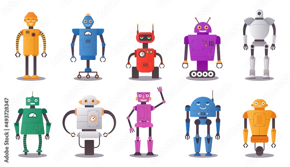 Aufkleber Cute bot. Cartoon human android and robot assistant characters. Funny futuristic AI chatbots. Tech support mascots. Automation toys. Artificial intelligence. Vector isolated cyborgs set