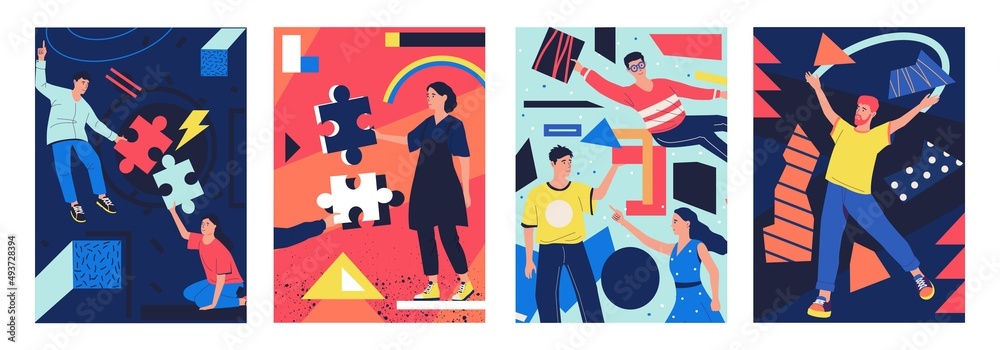 Aufkleber Geometric poster with people. Young characters holding abstract shapes and puzzles. Analytics or creative process. Teamwork brainstorming. Finding solution. Vector illustrations set