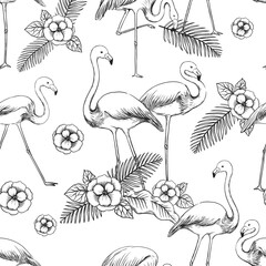 Flamingo sketch pattern. Seamless print of exotic tropical bird. Feathered animals hand drawn background. Flying creatures and blossoms. Palm leaves. Blooming flowers. Vector texture