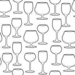 Vector line art seamless pattern alcohol glasses. Vector illustration