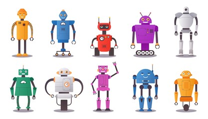 Cute bot. Cartoon human android and robot assistant characters. Funny futuristic AI chatbots. Tech support mascots. Automation toys. Artificial intelligence. Vector isolated cyborgs set