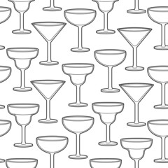 Vector line art seamless pattern alcohol glasses. Vector illustration
