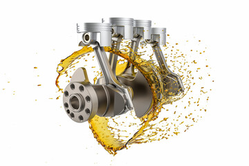 3d illustration of car engine with lubricant oil. Car engine components with splashes of oil on white background - obrazy, fototapety, plakaty