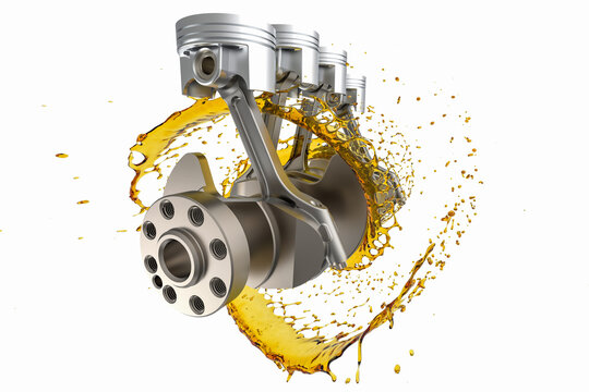 Car engine components with splashes of oil on white background. Crankshaft and pistons with oil. Lubricants for engine components.