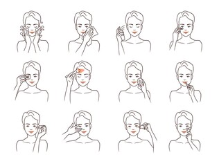 Face care. Girl character making beauty mask. Woman applying lotion and moisturizing cream on skin. Cleanser and serum. Line art female body. Vector cosmetic procedures and makeup set