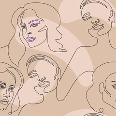 Beautiful female face one line art illustration. Minimalistic linear female seamless pattern. Abstract sensual line art. Simple body positivity elegant poster. Trendy minimal print. Beauty salon logo