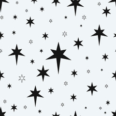 Black stars pattern. Seamless print with doodle starry symbols. Minimalistic firework particles. Glowing flares. Space silhouette shapes. Sparks and glints. Vector night sky wallpaper