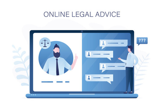 Online legal advice. Remote consulting. Businessman uses laptop for consulting with attorney. Video call, digital talk with lawyer online. Legal advice services.