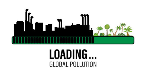 Countdown bar, loading, please wait. Black silhouette of factory, industries. Green tropical trees and plants. Environmental pollution, deforestation. Climate change, ecological problems.
