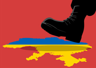 Giant army boot trampling on Ukraine map